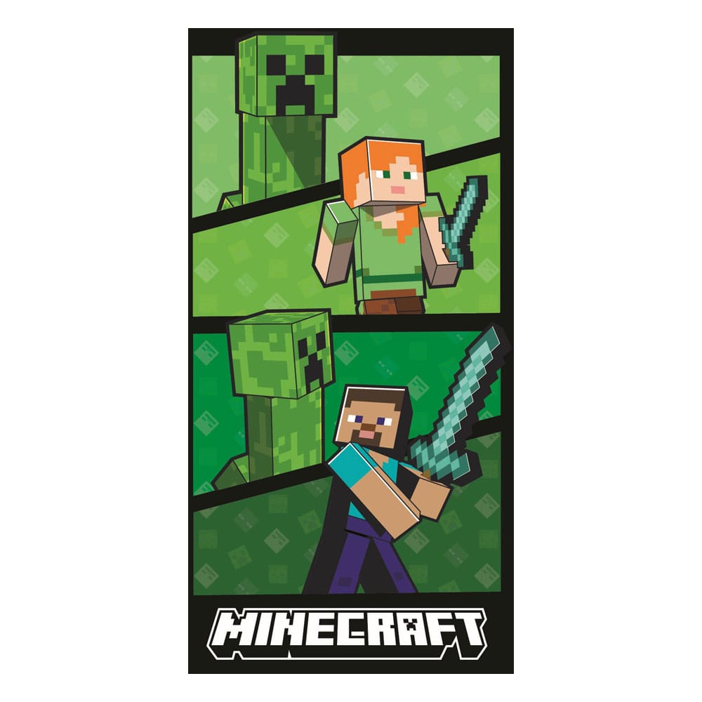 Serviette de bain Minecraft officielle Halantex 140x70 cm en coton avec motif de personnages et blocs Minecraft.