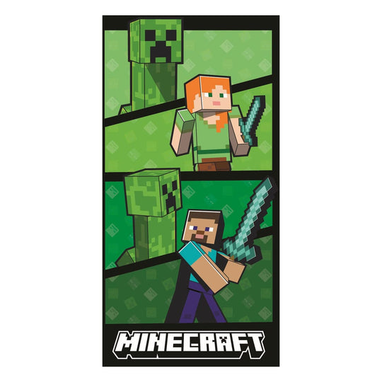 Serviette de bain Minecraft officielle Halantex 140x70 cm en coton avec motif de personnages et blocs Minecraft.