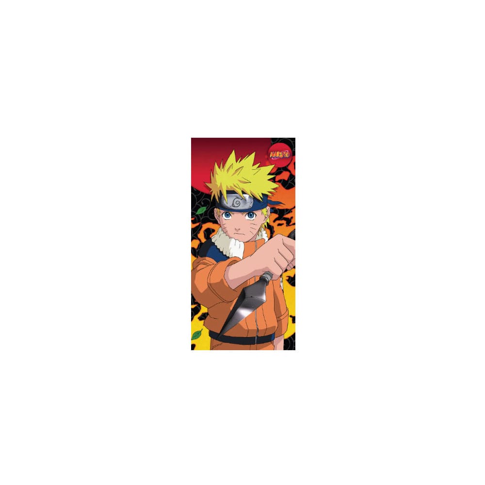 Serviette de bain Naruto officielle Ver. 4 de Halantex, 140x70 cm, 100% coton, affichant un design dynamique de Naruto Uzumaki.