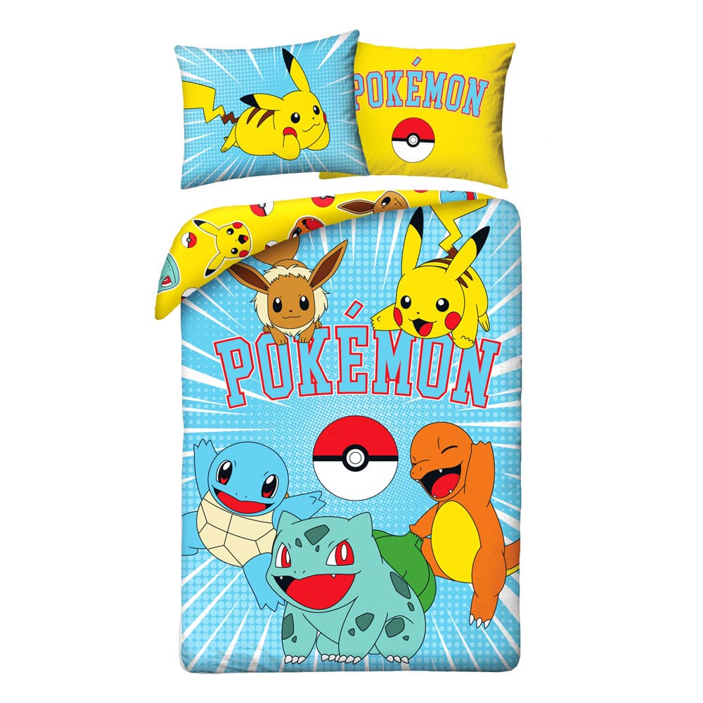 Parure de lit Pokémon Ver. 14 Halantex avec Pikachu et autres personnages, housse de couette 140x200 cm et taie d'oreiller 70x90 cm en microfibre.