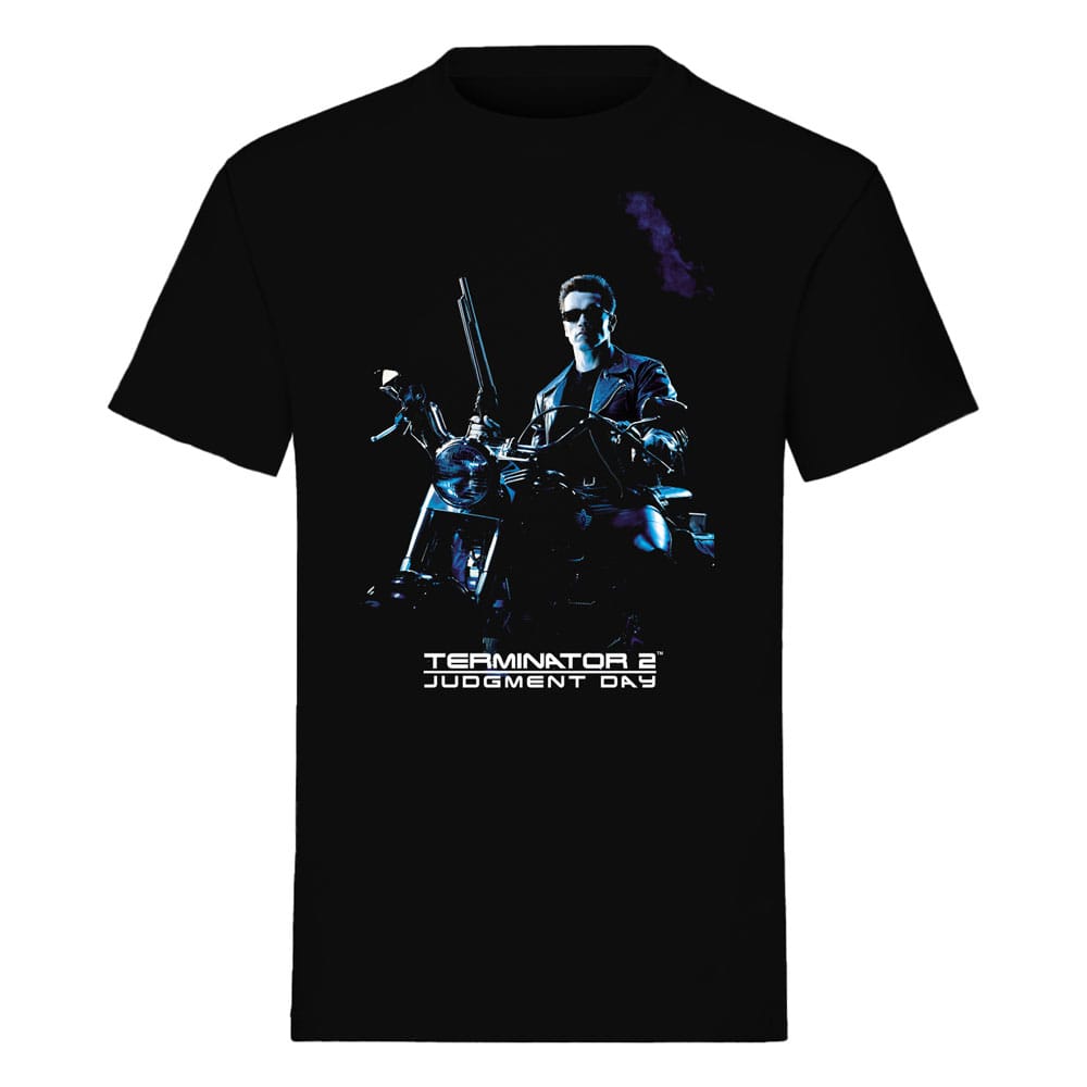 T-shirt Terminator noir taille L avec impression 'Bike Pose' d'Arnold Schwarzenegger, licence officielle Indiego.