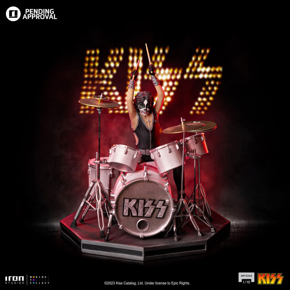 Figurine Peter Criss Kiss en résine, perspective de collection