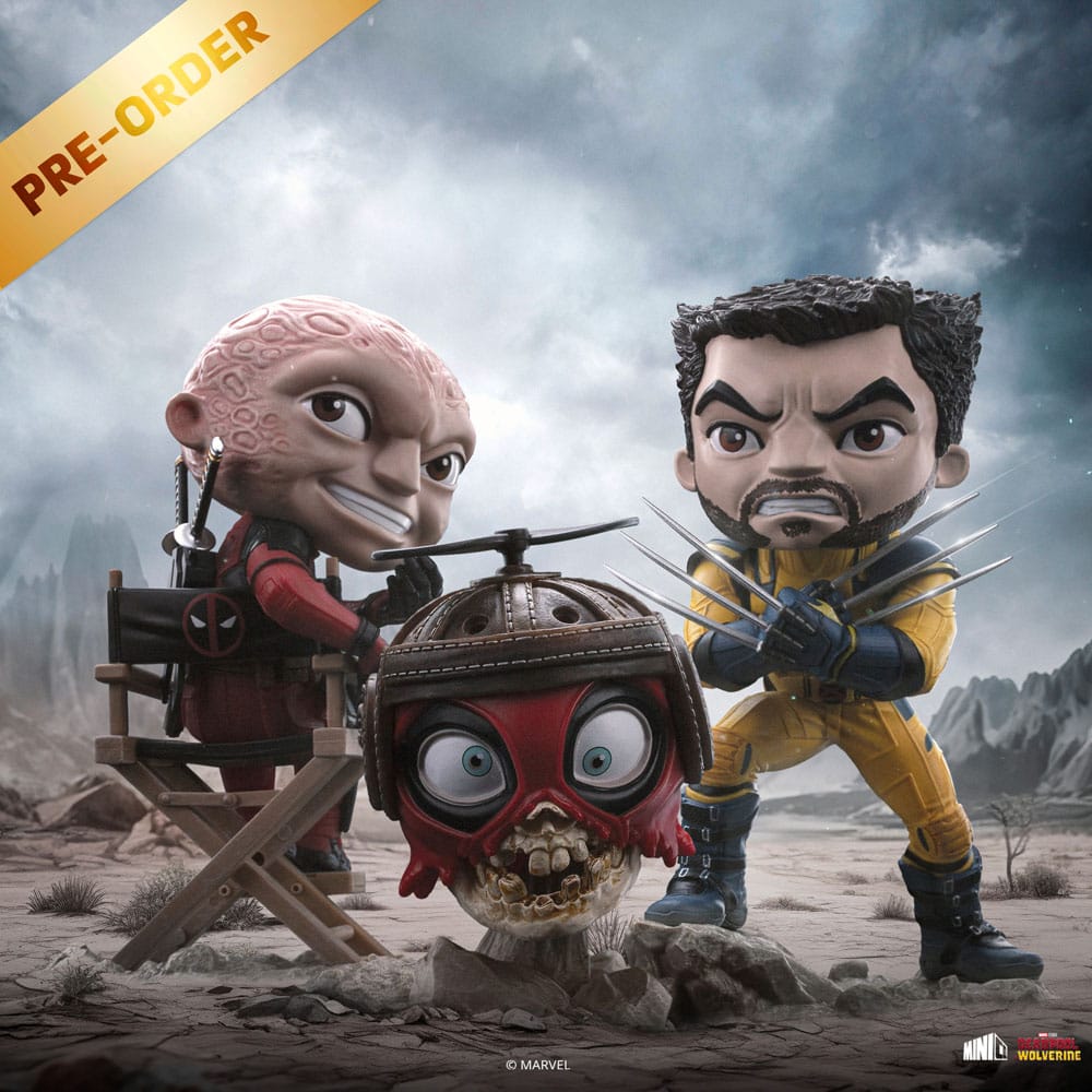 Vue latérale des figurines Deadpool et Wolverine Mini Co. sur leur socle