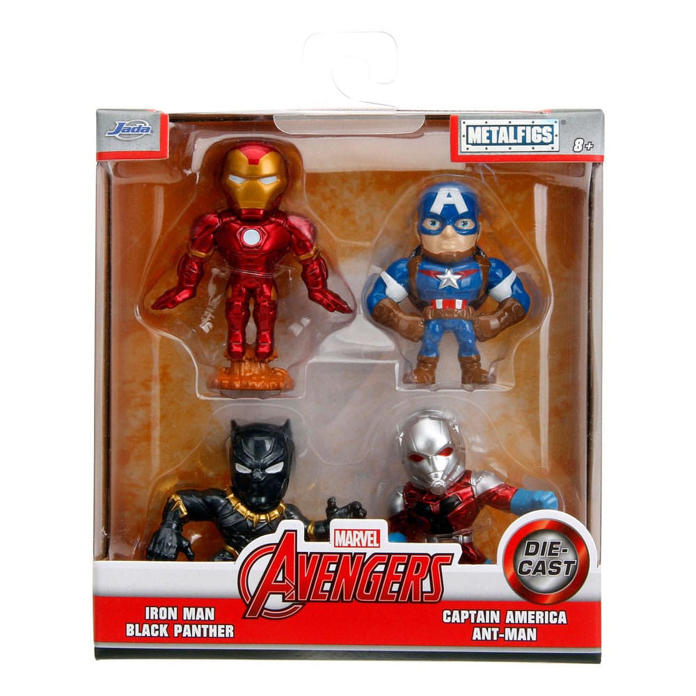 Gros plan sur les 4 figurines Avengers Diecast (Iron Man, Captain America, Hulk, Thor)