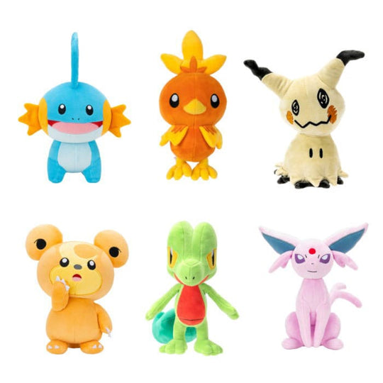 Assortiment de 6 peluches Pokémon officielles Jazwares (Gobou, Poussifeu, Mimiqui, Teddiursa, Arcko, Mentali) de 20 cm.