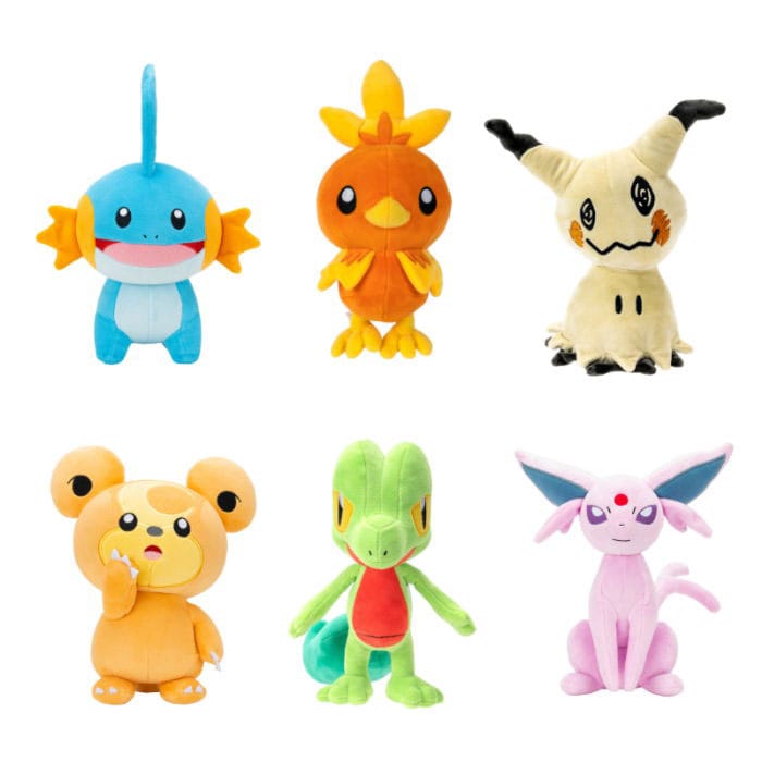 Assortiment de 6 peluches Pokémon officielles Jazwares (Gobou, Poussifeu, Mimiqui, Teddiursa, Arcko, Mentali) de 20 cm.