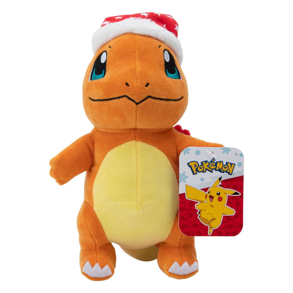 Peluche Pokémon Salamèche de 20 cm avec bonnet de Noël rouge et blanc, vue de face.