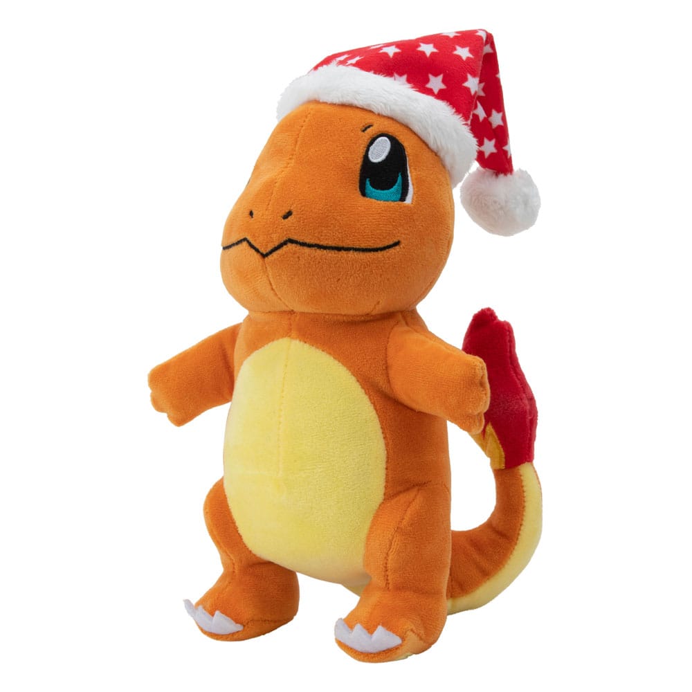 Peluche Salamèche Pokémon festive, montrant les détails du bonnet de Noël et l'expression joyeuse.