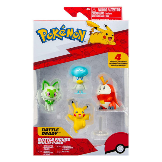 Pack de 4 figurines Pokémon Gen IX Jazwares avec Chochodile, Coiffeton, Poussacha et Pikachu en blister.
