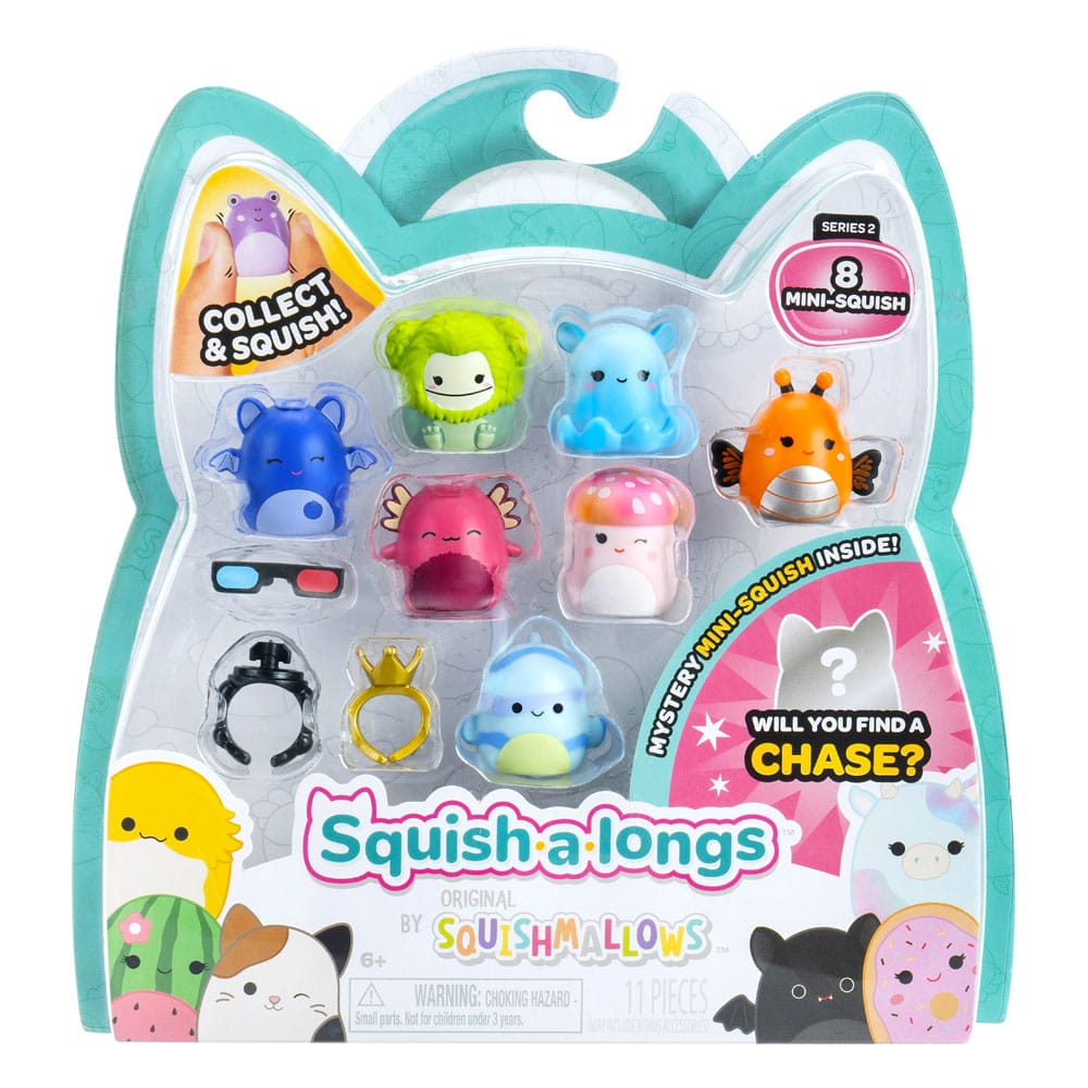 Packaging du set de 8 minifigurines Squishmallows Squish-a-longs