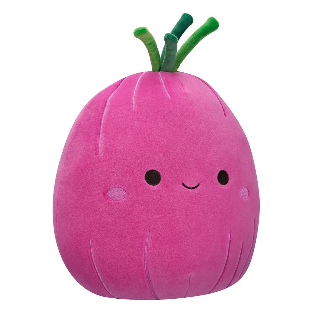 Peluche Squishmallows Red Onion 30 cm, gros plan sur le visage souriant et les détails de l'oignon