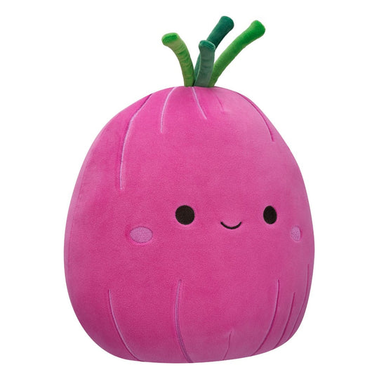 Peluche Squishmallows Red Onion 30 cm, gros plan sur le visage souriant et les détails de l'oignon