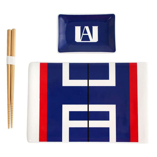 Set sushi My Hero Academia UA en céramique complet avec plateau, plat à sauce et baguettes