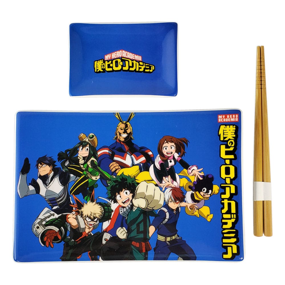 Détail de la plaque à sushi My Hero Academia en céramique avec logo Classe 1-A
