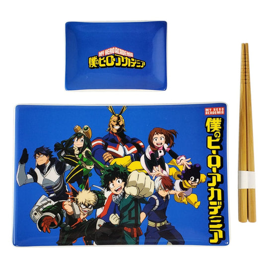 Détail de la plaque à sushi My Hero Academia en céramique avec logo Classe 1-A