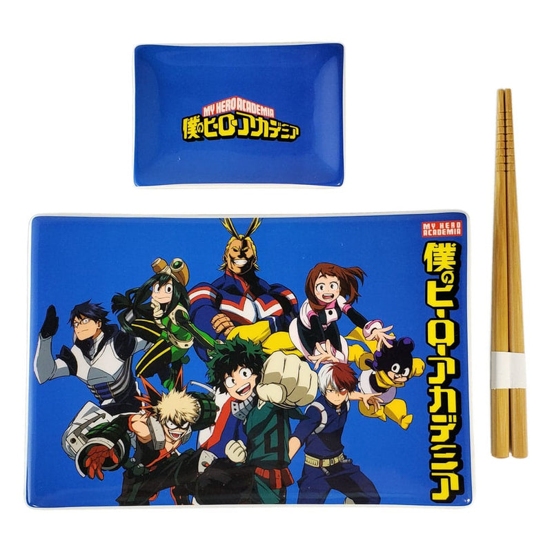 Détail de la plaque à sushi My Hero Academia en céramique avec logo Classe 1-A