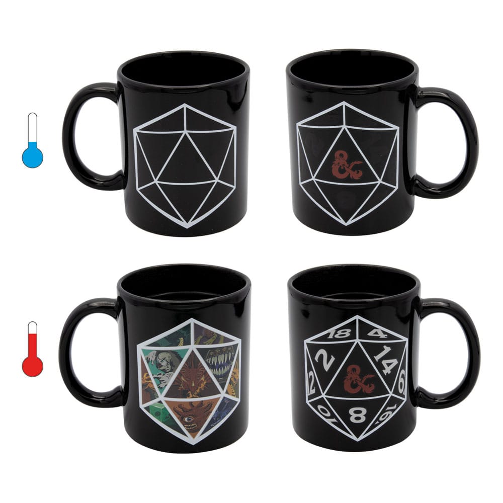 Mug Dungeons & Dragons effet thermique avant et après l'ajout de liquide chaud, montrant le décor magique apparaître.