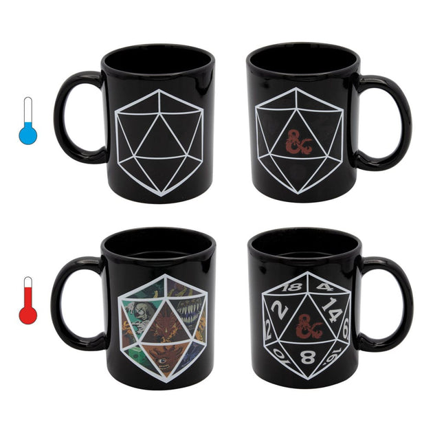 Mug Dungeons & Dragons effet thermique avant et après l'ajout de liquide chaud, montrant le décor magique apparaître.