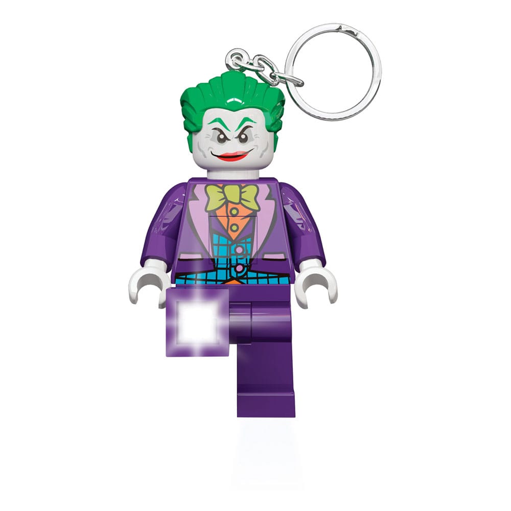 Porte-clés lumineux LEGO DC Comics Joker 8 cm de Joy Toy, figurine du Joker avec LEDs allumées, sur fond blanc
