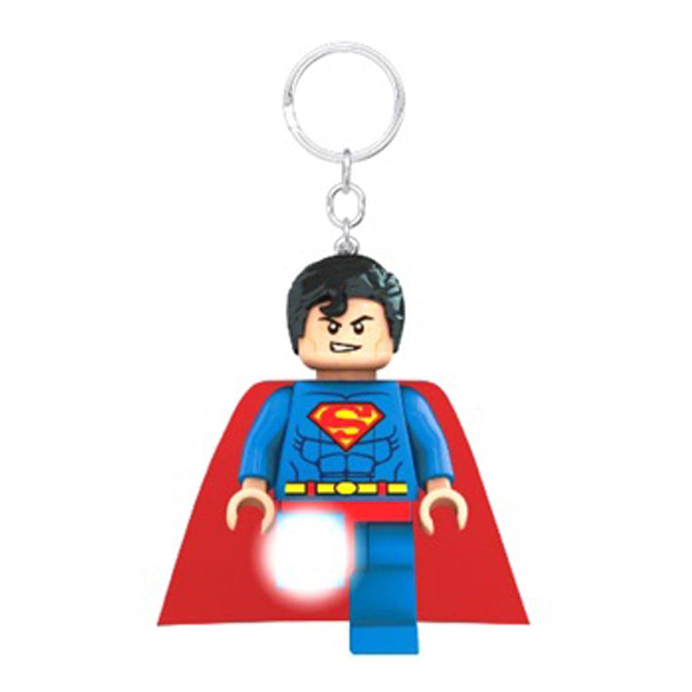 Porte-clés lumineux LEGO Superman de 8 cm, avec figurine articulée et LEDs, piles incluses, marque Joy Toy.
