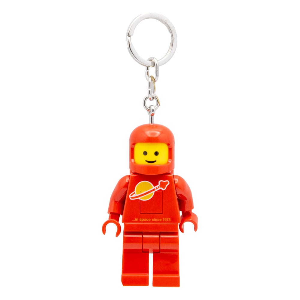 Porte-clés LEGO lumineux Astronaute Rouge de 8 cm par Joy Toy, avec les LEDs allumées éclairant le sol