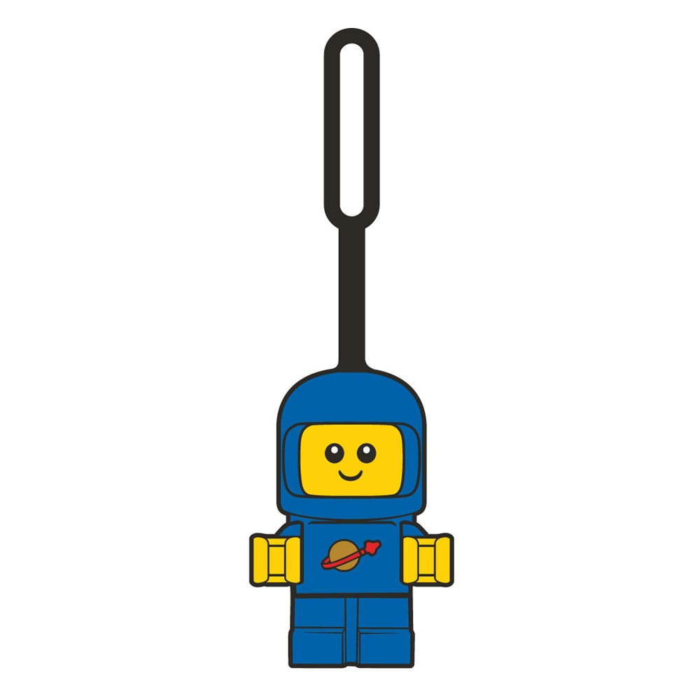 Porte-clés LEGO Minifigures Spacebaby bleu 10cm de Joy Toy, attaché à un sac à dos.