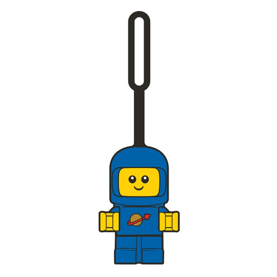 Porte-clés LEGO Minifigures Spacebaby bleu 10cm de Joy Toy, attaché à un sac à dos.