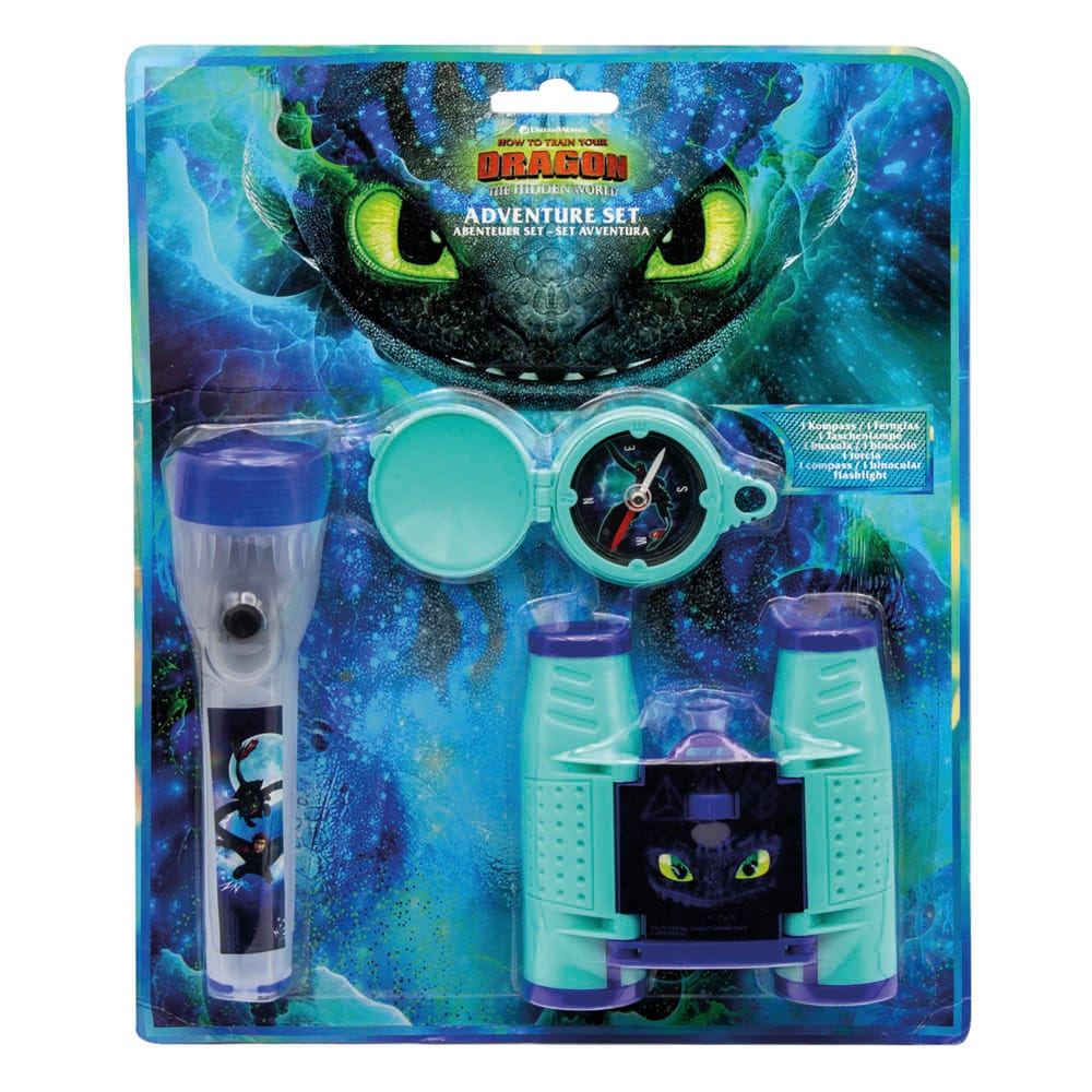 Détail des accessoires du playset Dragons Joy Toy : jumelles, boussole et lampe de poche