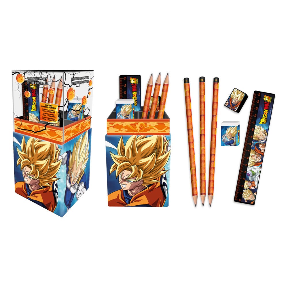 Set de papeterie officiel Dragon Ball Z Joy Toy avec crayons, gomme, règle, taille-crayon et porte-crayon, sur le thème de Goku et des personnages emblématiques de l'anime.