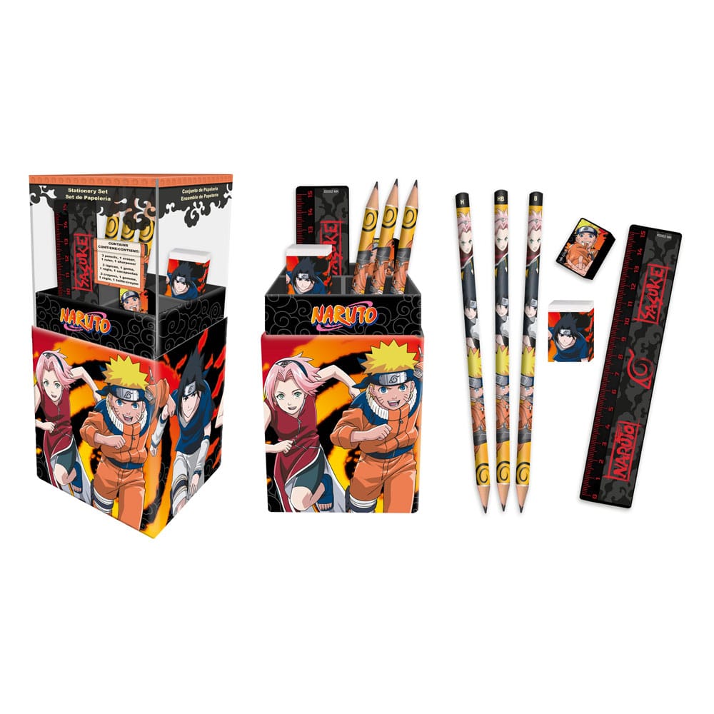 Set de papeterie Naruto officiel Joy Toy avec crayons, gomme, règle, taille-crayon et porte-crayon, décoré des personnages du manga.