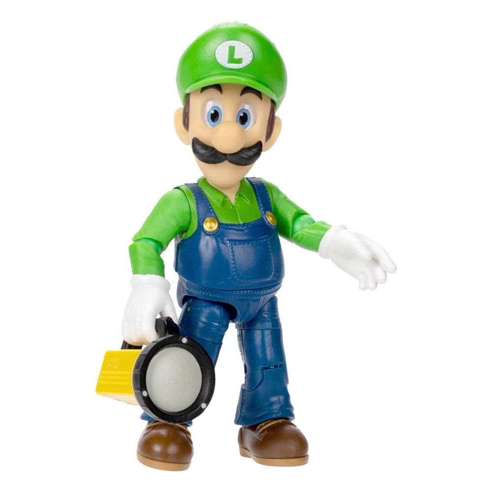 Figurine Luigi Super Mario Bros Le Film Jakks Pacific 13cm vue de face avec accessoires