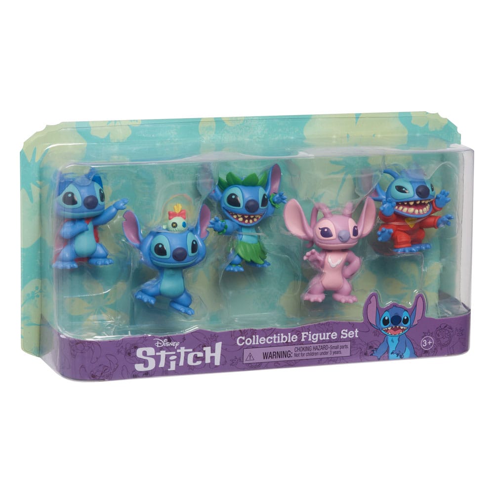 Détail des 5 figurines Stitch (Superhero, Hula, Alien, Stitch & Scrump, Angel) de 5 cm