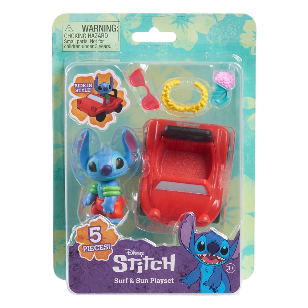 Contenu détaillé du playset Lilo & Stitch Just Play : Stitch 7cm, planche de surf, accessoires