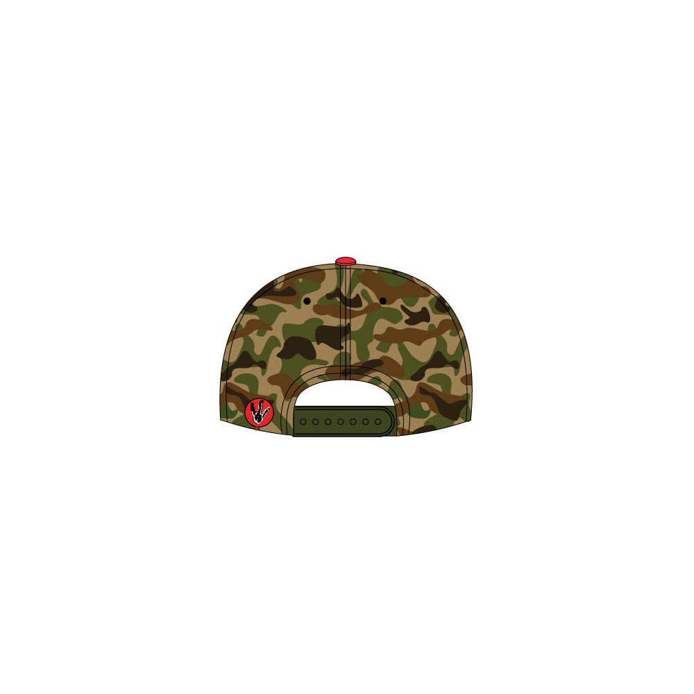 Casquette Jurassic Park Camo Heroes Inc, détail du logo et motif