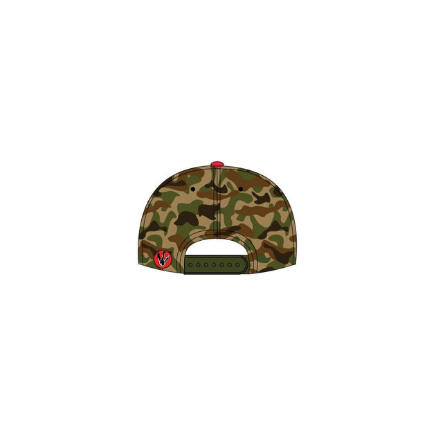 Casquette Jurassic Park Camo Heroes Inc, détail du logo et motif
