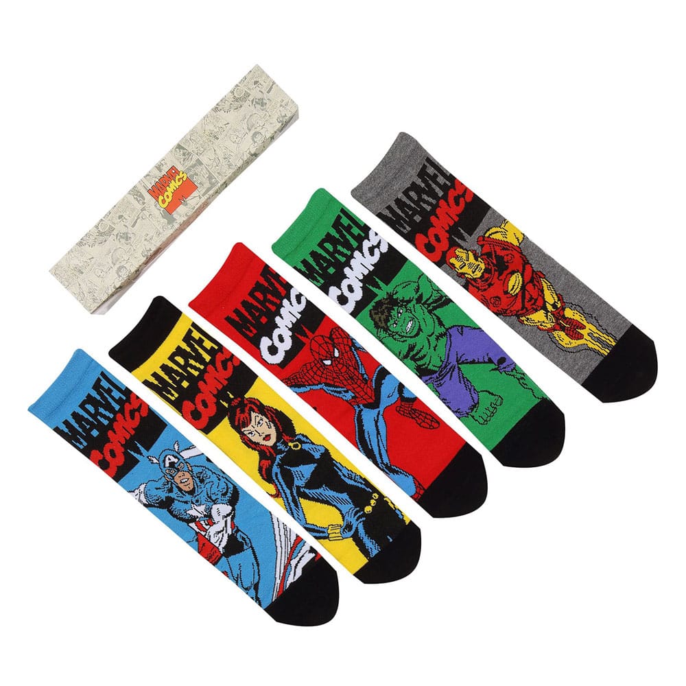 Pack de 5 paires de chaussettes Marvel Avengers par Heroes Inc, taille S-M, présentant différents logos et personnages des super-héros sur fond coloré.
