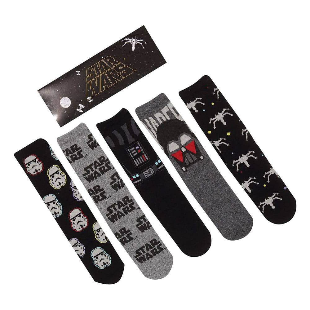 Pack de 5 paires de chaussettes Star Wars Dark Side S-M avec motifs emblématiques de l'Empire et des Sith, présentées sur un fond neutre.