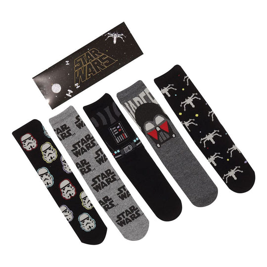 Pack de 5 paires de chaussettes Star Wars Dark Side S-M avec motifs emblématiques de l'Empire et des Sith, présentées sur un fond neutre.