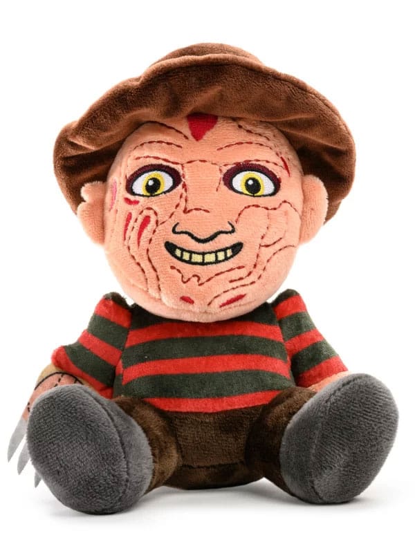 Peluche Freddy Krueger Phunny Sitting 20 cm de Kidrobot, représentant le personnage des Griffes de la Nuit assis, avec son pull rayé, son chapeau et son gant à griffes emblématique.