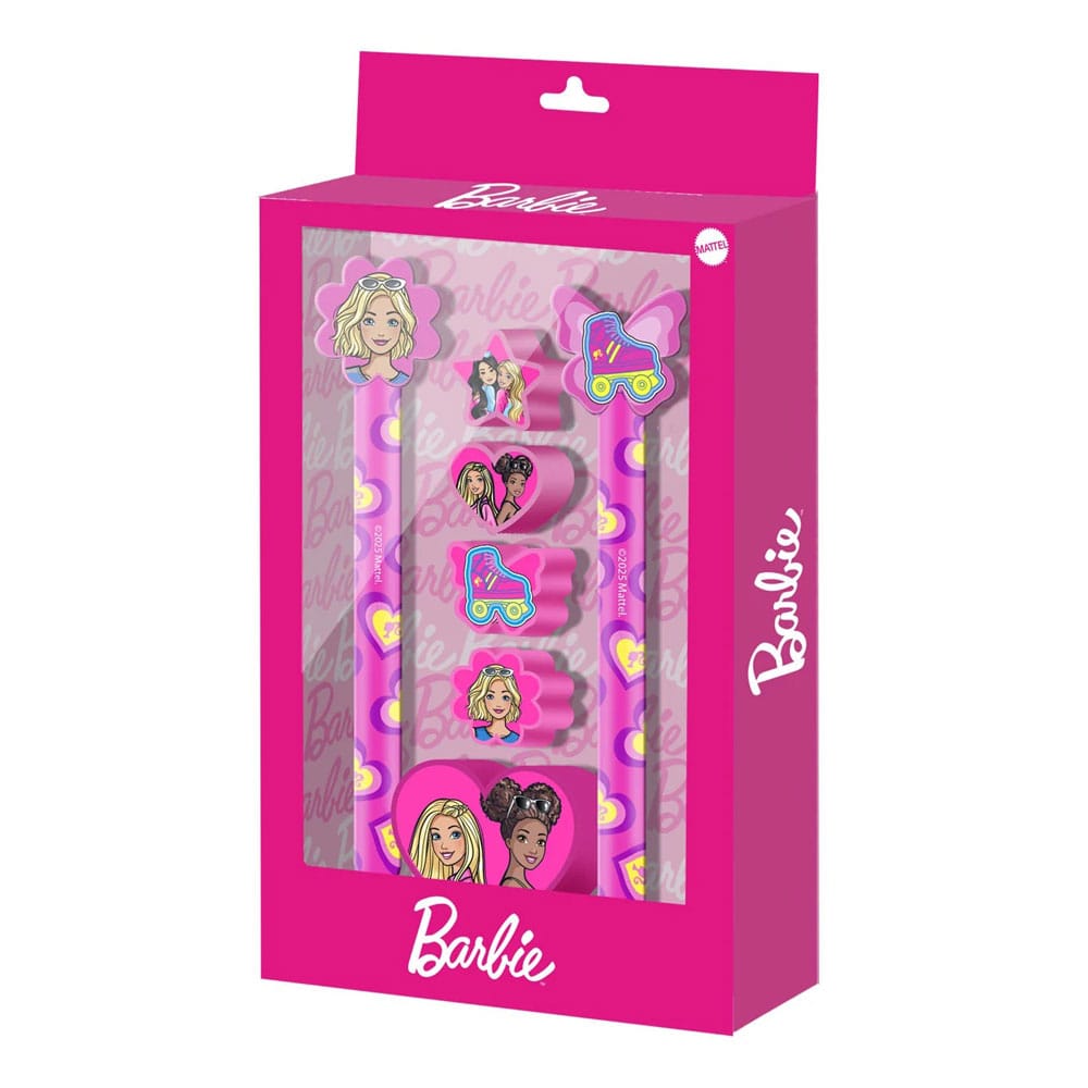 Set d'écriture Barbie 7 pièces Karactermania avec stylo effaçable, crayon, gommes et taille-crayon