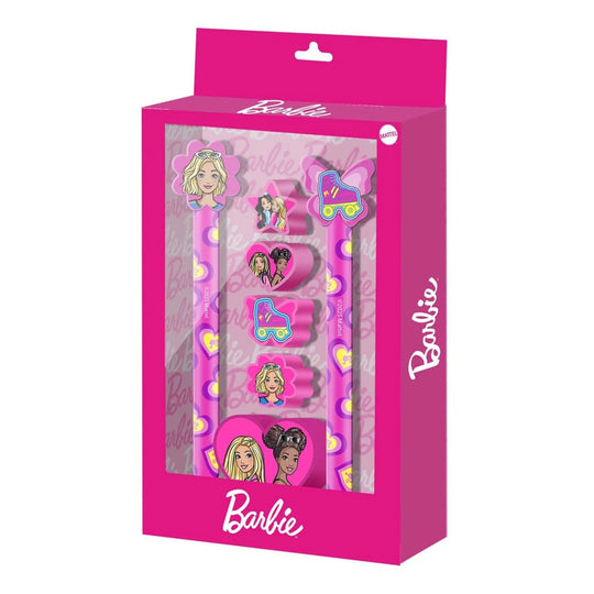 Set d'écriture Barbie 7 pièces Karactermania avec stylo effaçable, crayon, gommes et taille-crayon
