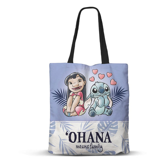 Sac shopping Lilo & Stitch Karactermania pour couple, motif Stitch et Angel avec cœurs, sur fond blanc.