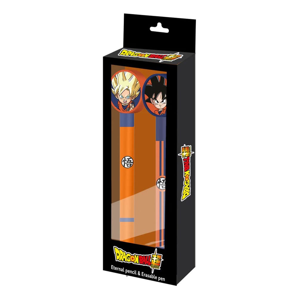 Image du set d'écriture Dragon Ball Karactermania, comprenant un stylo gel effaçable et un crayon, avec des motifs inspirés de la série.