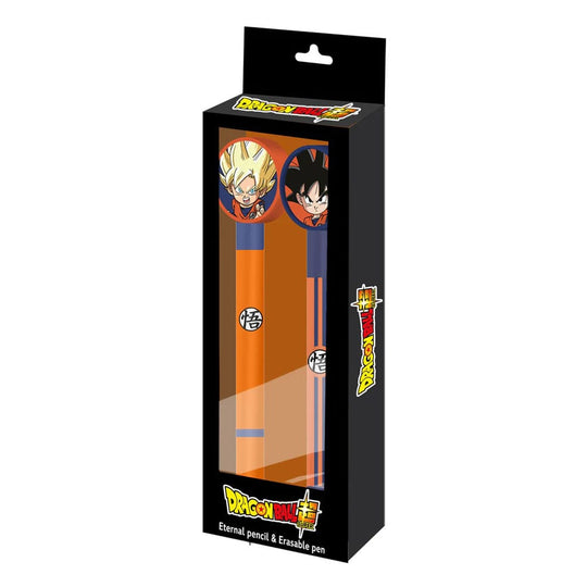 Image du set d'écriture Dragon Ball Karactermania, comprenant un stylo gel effaçable et un crayon, avec des motifs inspirés de la série.
