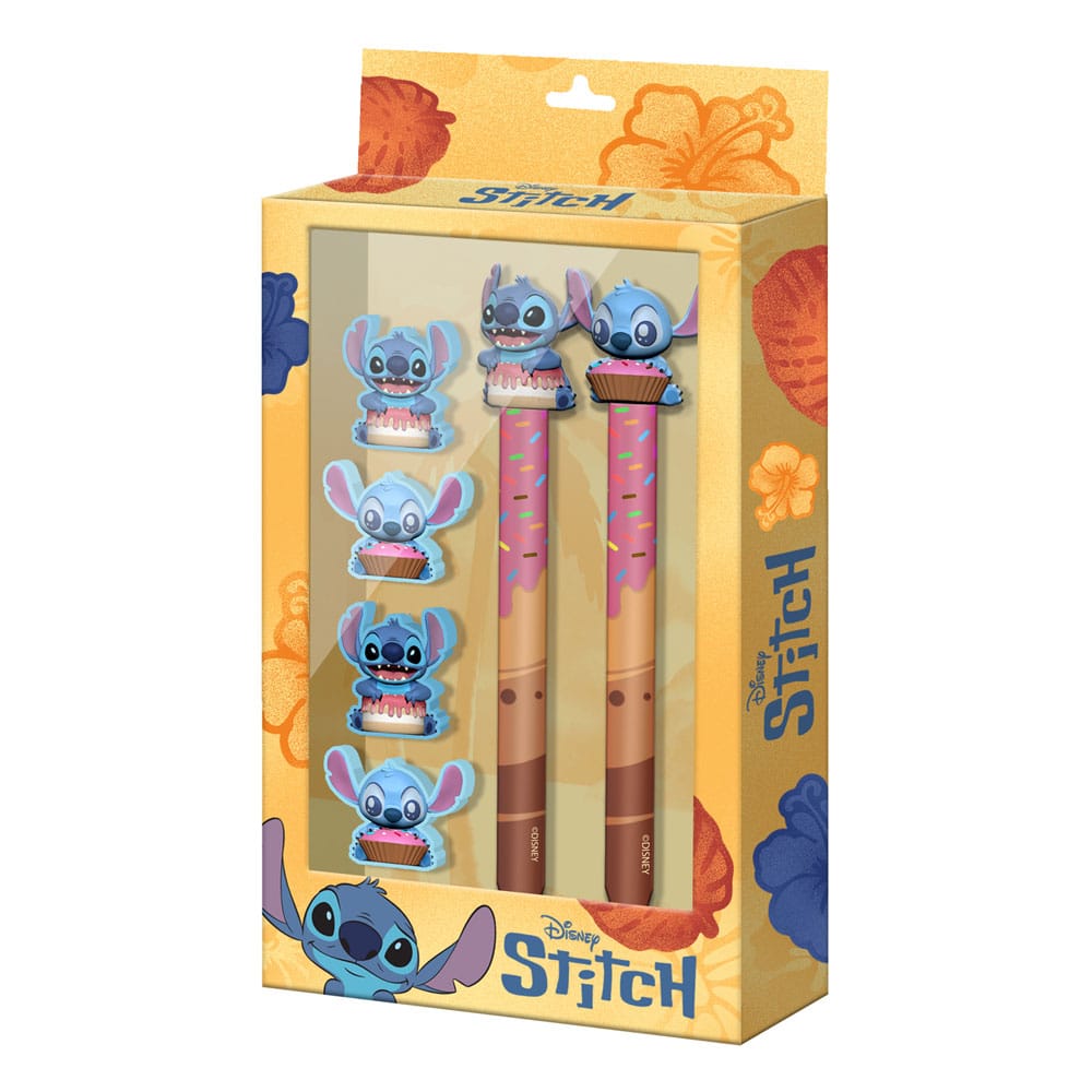 Set d'écriture Lilo & Stitch 6 pièces Karactermania avec gommes taille-crayon, stylo gel effaçable et crayon