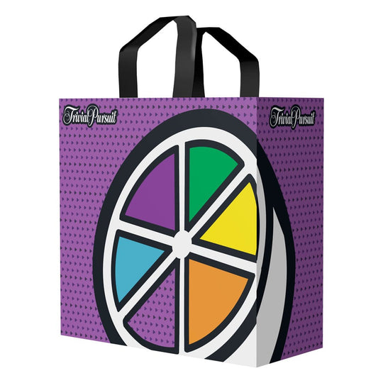 Sac shopping Konix Trivial Pursuit officiel, vue de face, montrant le design emblématique du jeu et les poignées robustes, sur un fond neutre. Fabriqué en matériaux recyclés.