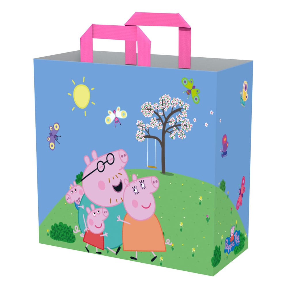 Sac shopping Peppa Pig Trio Konix en matériaux recyclés, montrant Peppa, George et Suzy Sheep sur un fond coloré, avec des dimensions de 45x40x20 cm.