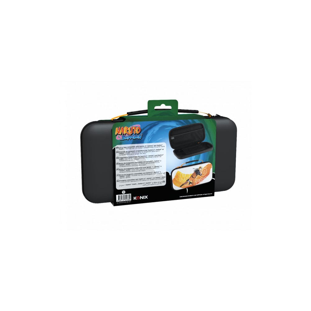 Vue détaillée du sac de transport Naruto Switch Konix, montrant la texture du polyester et la qualité de l'imprimé