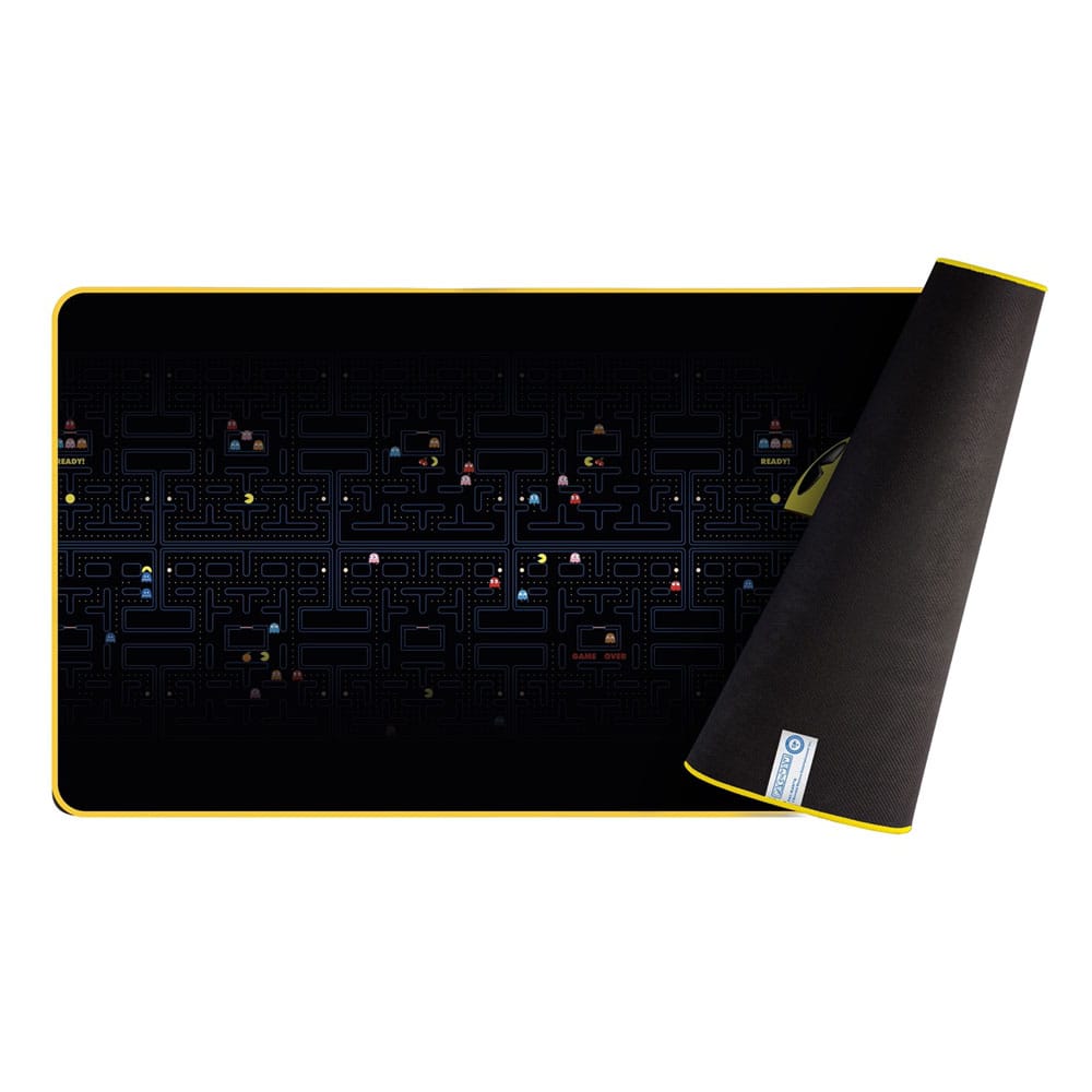 Détail de la surface du tapis de souris Pac-Man montrant la texture et les couleurs vives