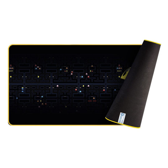 Détail de la surface du tapis de souris Pac-Man montrant la texture et les couleurs vives